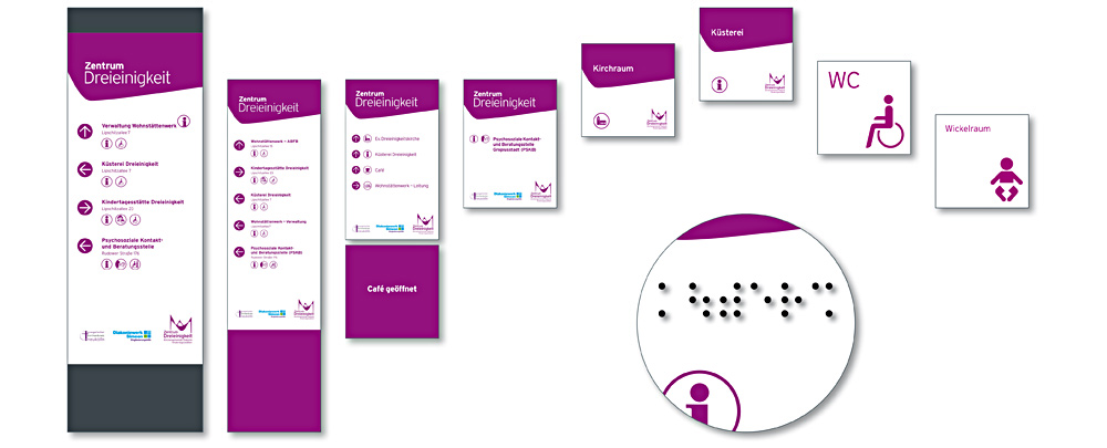 Leitsystem – Beleuchteter Pylon&nbsp;| Info-Stele&nbsp;| Fassadenschilder&nbsp;| Türschilder mit Blindenschrift (Brailleschrift).